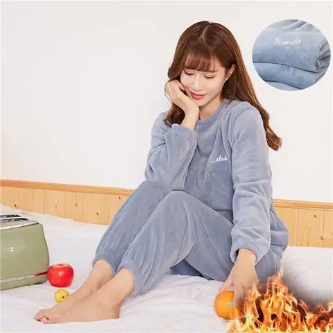 2022 Winter Pyjamas Warm Flannel Women Thick Leisure Wear Simplicit Coral Velvet Long Sleeve Solid Sleepwear Pajamas Set