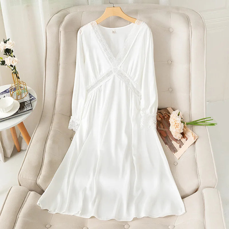 Vintage Lady Girls Nightdress V-Neck Nightgown Princess Dress Sleepshirts Royal Style Sleepwear Satin Home Dresses Loungewear