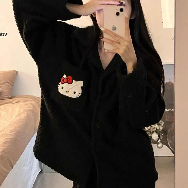 Kawaii Hello Kitty Coral Velvet Pajamas Long-Sleeved Top Y2K Girl Sweet Cotton Jacket Pajama Pants Cute Flannel Casual Home Wear