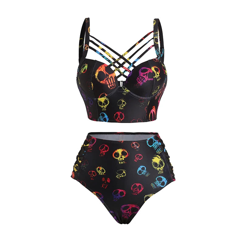 DRESSFO Women's Swimwear Skull Print Crisscross Beach Bikini Adjustable Spaghetti Strap Triangle Bottom Two Piece Bathing Suit