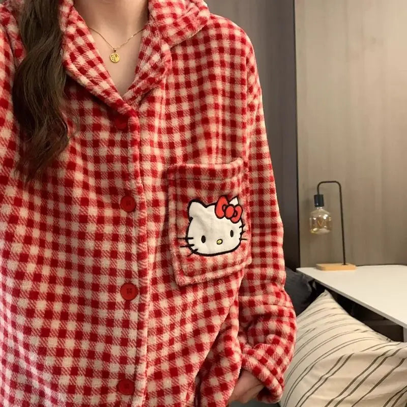 Kawaii Hellokitty Pajamas Girls Tops Autumn and Winter Coral Velvet Pajamas Red Plaid Cartoon Pants Casual Wear Home Clothes Set