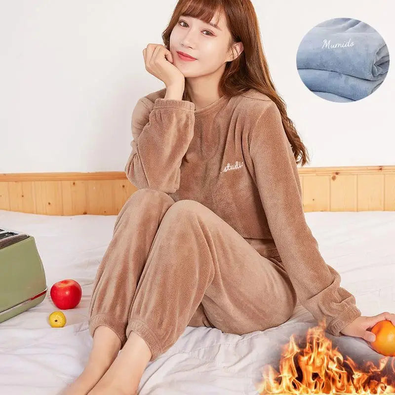 2022 Winter Pyjamas Warm Flannel Women Thick Leisure Wear Simplicit Coral Velvet Long Sleeve Solid Sleepwear Pajamas Set