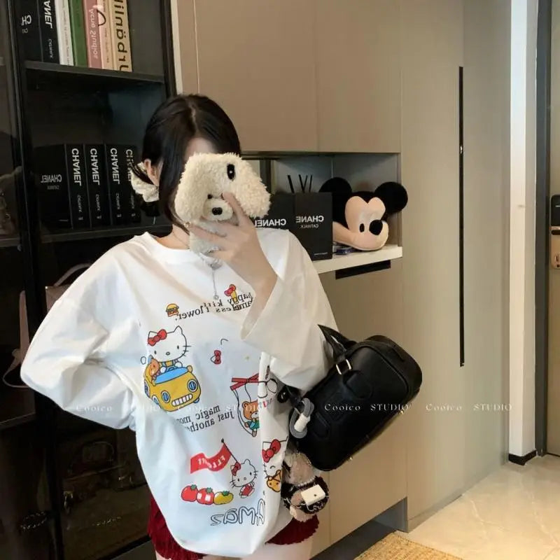 Kawaii Sanrios Hellokitty Cute Cartoon Print Long Sleeve Loose T-Shirt Girls Casual White Sweet Couple Versatile Round Neck Tops