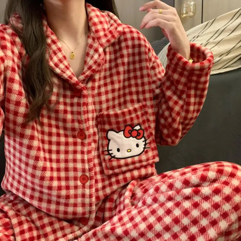 Kawaii Hello Kitty Coral Velvet Pajamas Long-Sleeved Top Y2K Girl Sweet Cotton Jacket Pajama Pants Cute Flannel Casual Home Wear