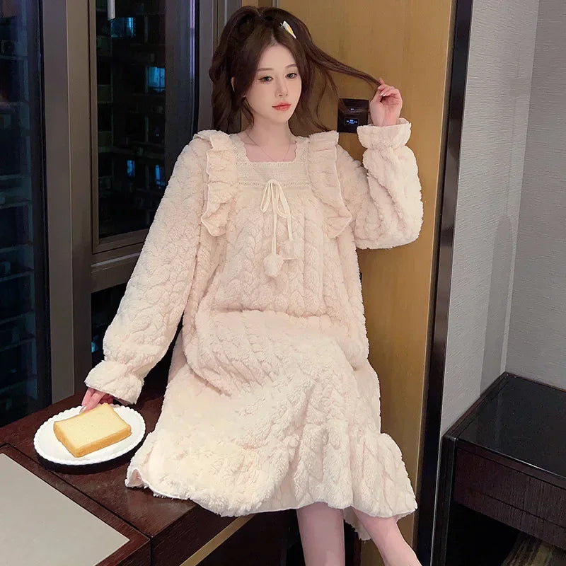 5XL Plus Size Women Winter Nightgown Sweet Coral Velvet Long Sleepwear Warm Home Clothes Fleece-Lined Thickened Robe Sleep Dress