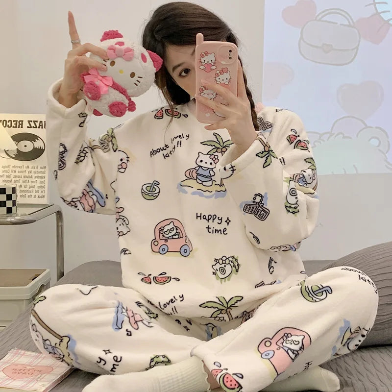 Hot Kawaii Hello Kitty Pajamas Long-Sleeved Tops Girls Cartoon Flannel Pajamas Sweet Cute Plush Casual Home Wear Set Trousers