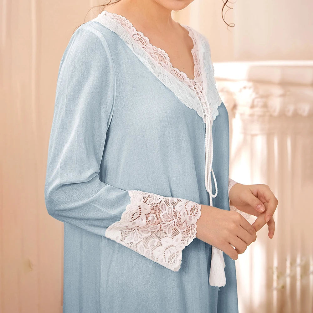 Long Nightgown Women Modal Home Dress V-Neck Solid Fashion Long Sleeves Night Gown Women New Autumn Winter Night Women Sleepwear