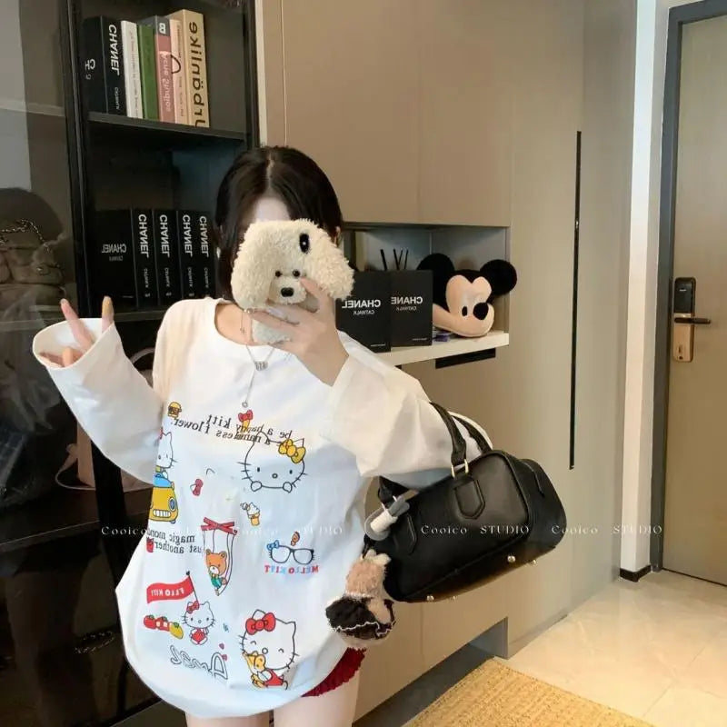 Kawaii Sanrios Hellokitty Cute Cartoon Print Long Sleeve Loose T-Shirt Girls Casual White Sweet Couple Versatile Round Neck Tops