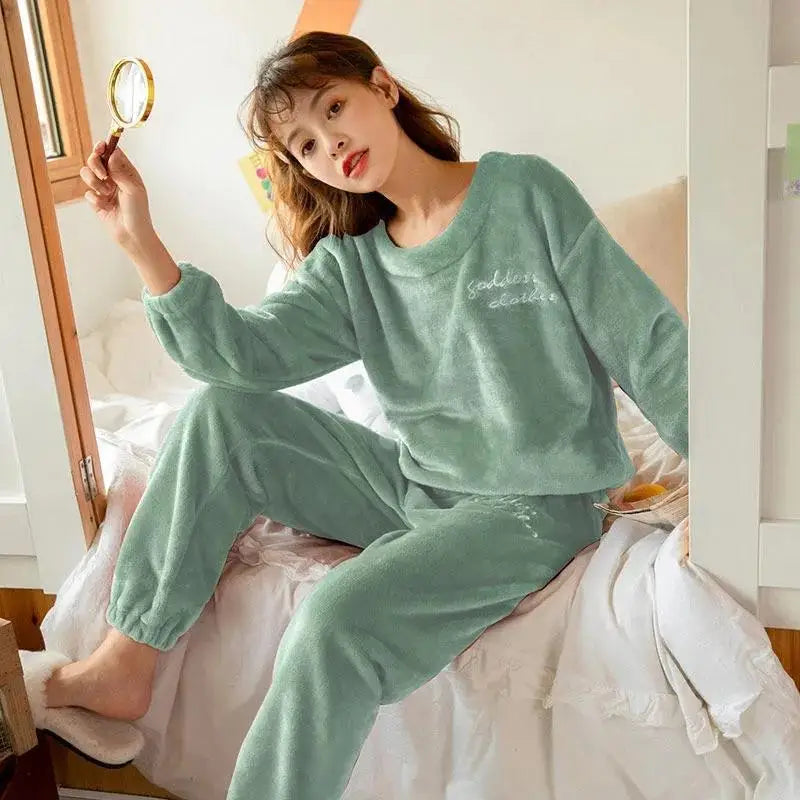 2022 Winter Pyjamas Warm Flannel Women Thick Leisure Wear Simplicit Coral Velvet Long Sleeve Solid Sleepwear Pajamas Set