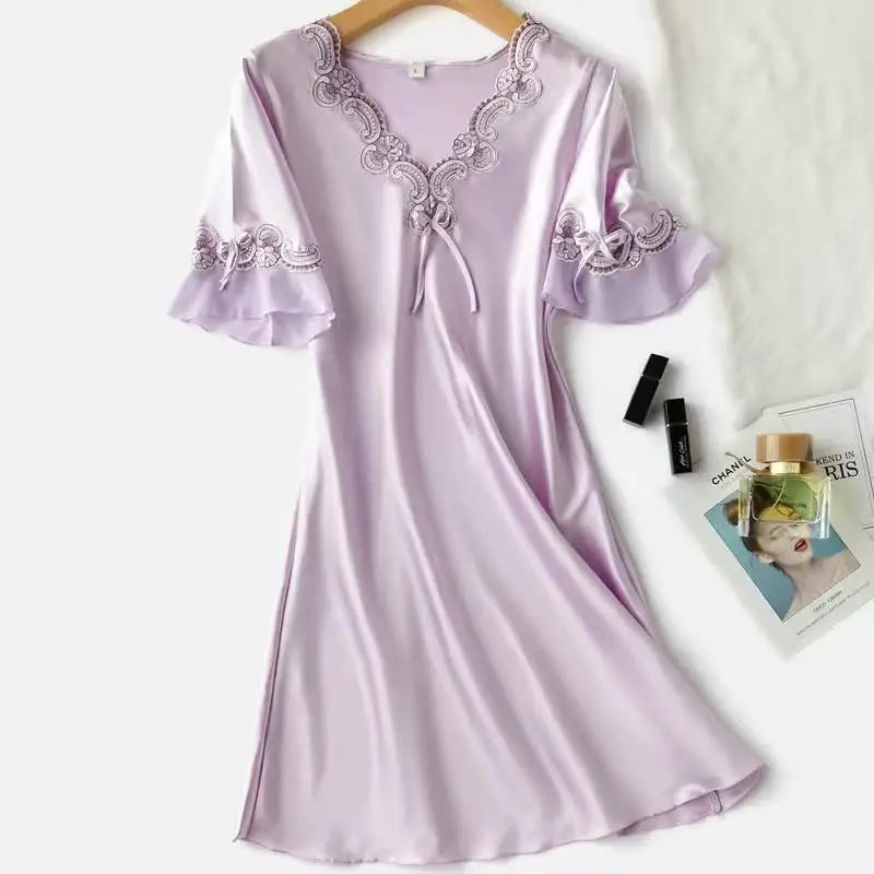 Vintage Lady Girls Nightdress V-Neck Nightgown Princess Dress Sleepshirts Royal Style Sleepwear Satin Home Dresses Loungewear