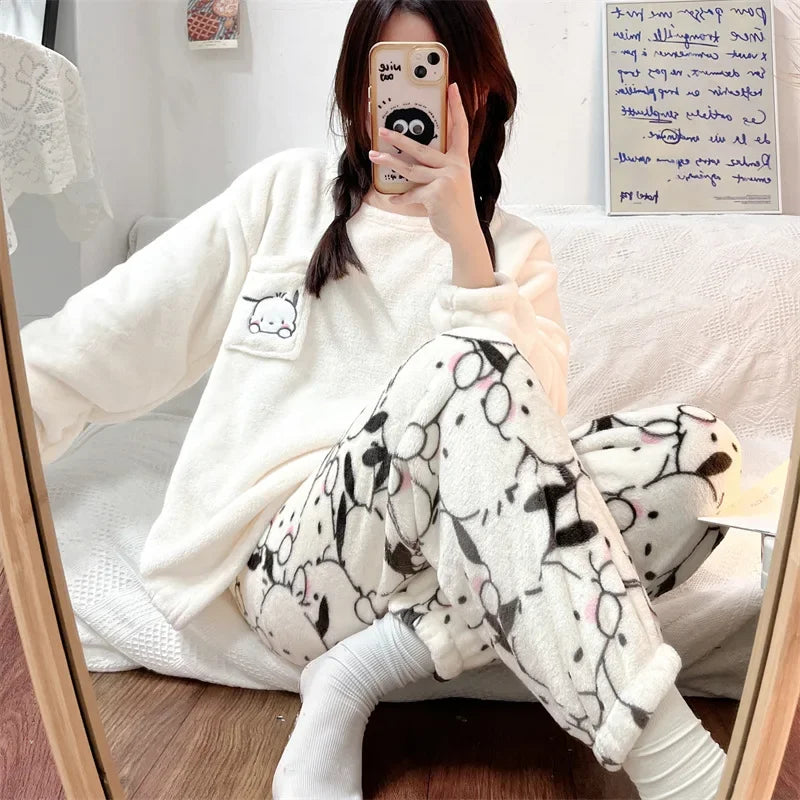 Hot Kawaii Hellokitty Autumn Winter Pajamas Girl My Melody Long-Sleeved Trousers Sweatshirt Sweet Couple Warm Home Clothes Set