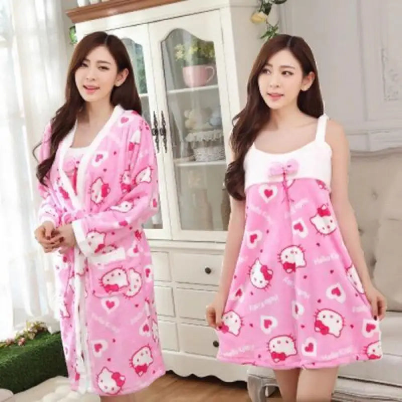 Sanrios Hello Kittys Women's Pajamas Plush Fluffy Sleeping Robe and Skirt Female Coral Velvet Pajama Dress Sleeping Bathrobe Set