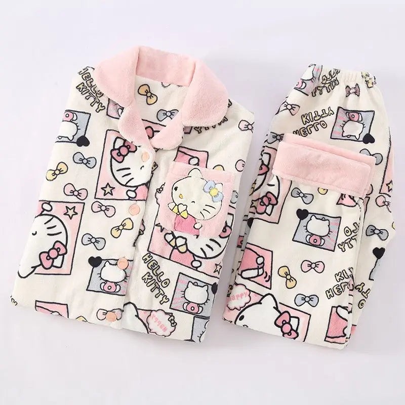 Kawaii Hello Kitty Coral Velvet Pajamas Set, Y2K Cartoon, Long-Sleeved Sanrio Tops, Cute Casual Warm Home Clothes Set, Hot