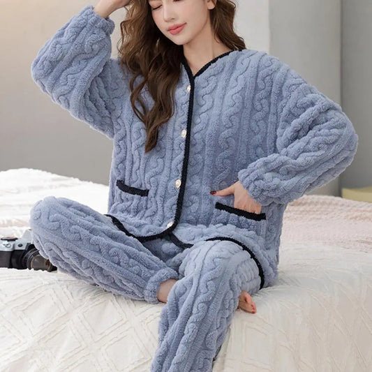 Sleepwear Women Pajamas Set Winter Fleece Velvet 2 Pieces Home Suit Sleep Fluffy Korean Warm Night Wear