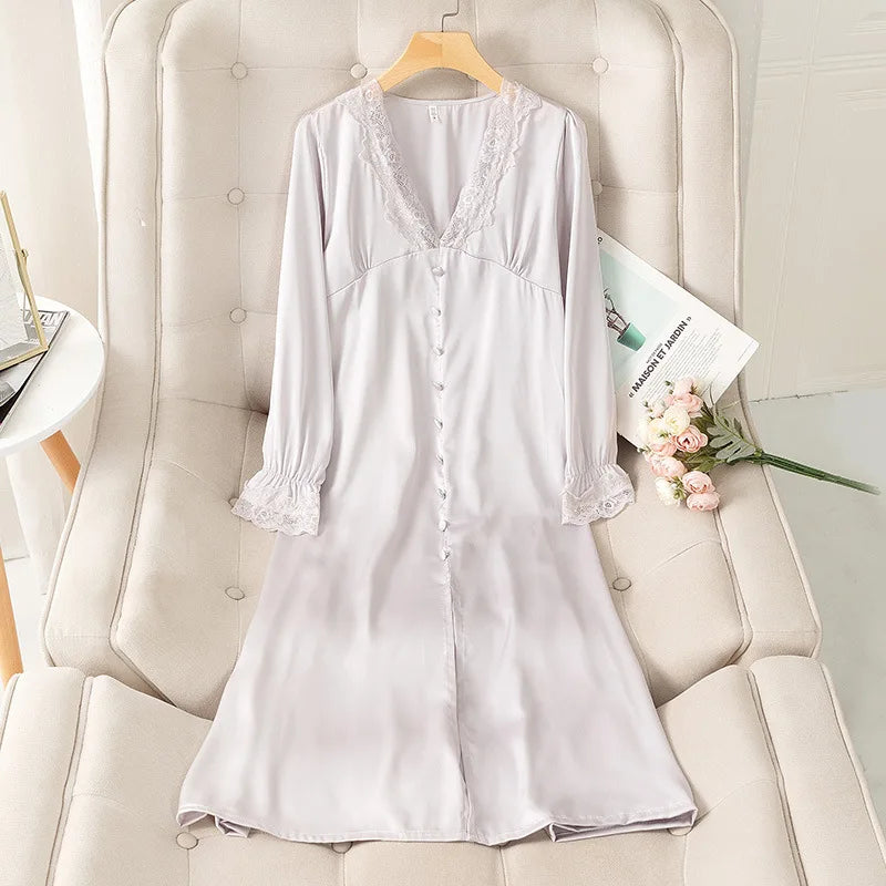 Vintage Lady Girls Nightdress V-Neck Nightgown Princess Dress Sleepshirts Royal Style Sleepwear Satin Home Dresses Loungewear