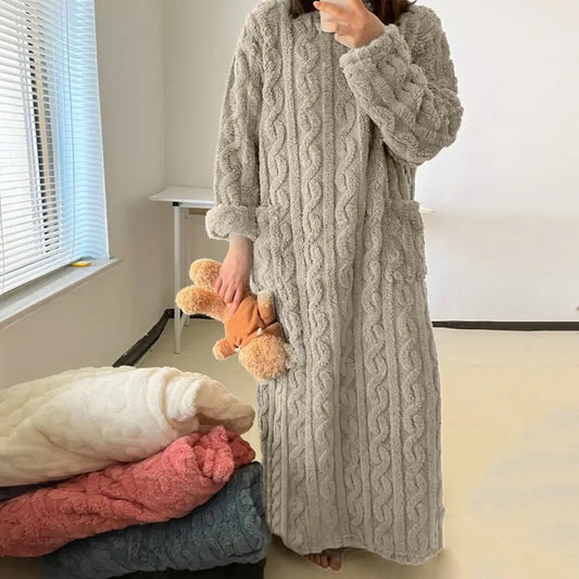 Winter Nightgown Thick Coral Fleece Loose Pockets Warm Lady Nightdress Round Neck Twisted Texture Long Sleeve Thermal Homewear