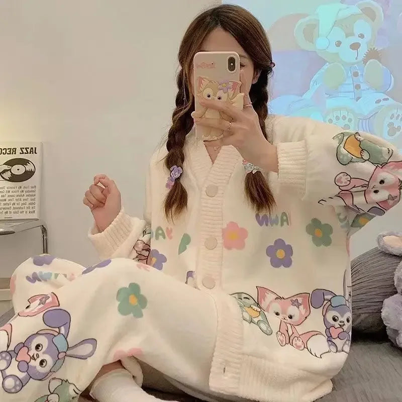 Hot Kawaii Hellokitty V-Neck Pajamas Girl Cute Sweet Home Clothes Sanrio My Melody Autumn Winter Flannel Cotton Suit Casual Wear