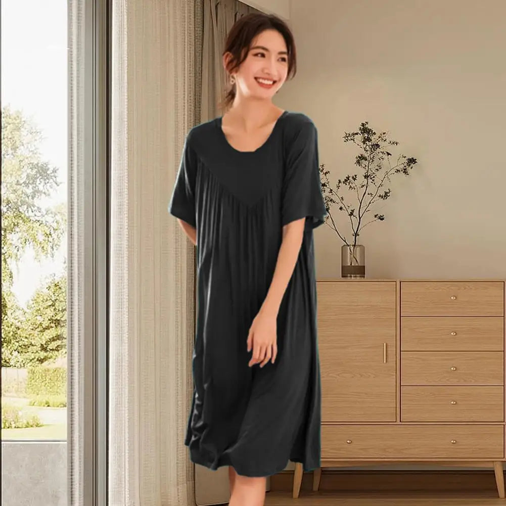 Women Night Dress Pleated Thin Short Sleeves Round Neck Loose Sleeping Solid Color Knee Length Sleepwear Home Dress Women