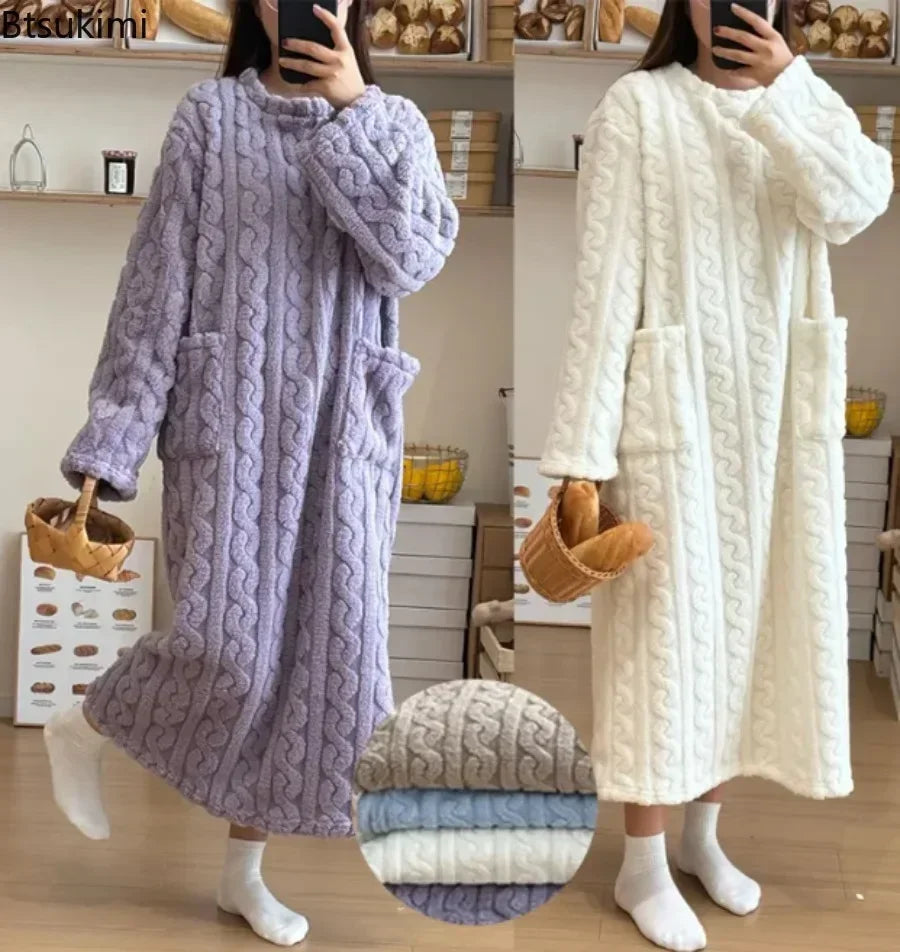 2025New Winter Warm Flannel O-Neck Long Sleeve Dress Casual Oversize Sleepwear Loose Thick Long Dress Lady Pajamas Chic Homewear