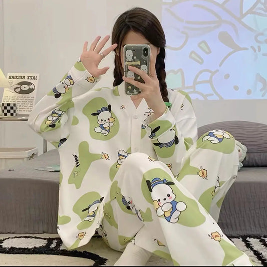 Kawaii Long-Sleeved Tops Pajamas Girl Sweet Hello Kitty Cute Pajama Pants Kuromi Casual Pants Pochacco Home Wear Set