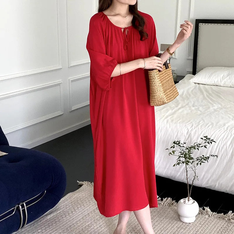 Elegant Summer Mid Sleeve Women's Silky Nightderss Bohemian Beach Vacation Skirt Plus Size Loose Loungewear Nightgowns