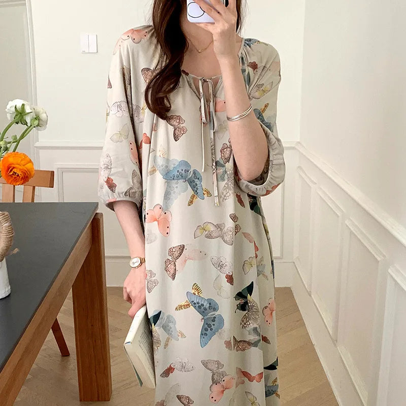 Elegant Summer Mid Sleeve Women's Silky Nightderss Bohemian Beach Vacation Skirt Plus Size Loose Loungewear Nightgowns