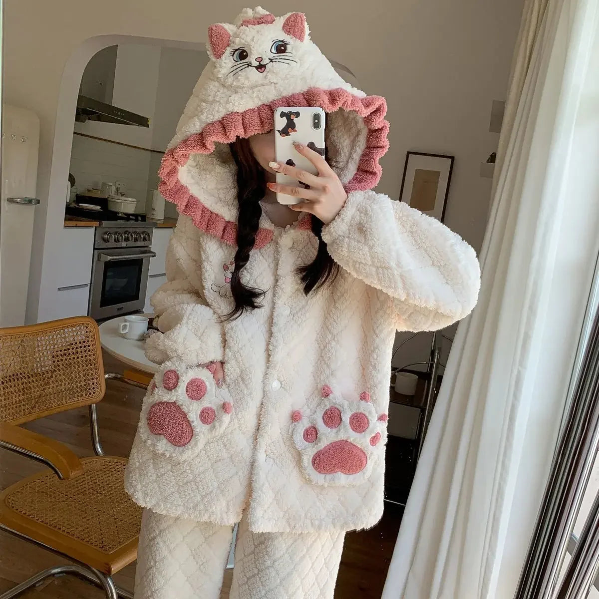 Hot Kawaii Hello Kitty Coral Velvet Pajamas Girls Pajamas Autumn Winter Thickened Cartoon Cute Tops Casual Wear Home Clothes Set