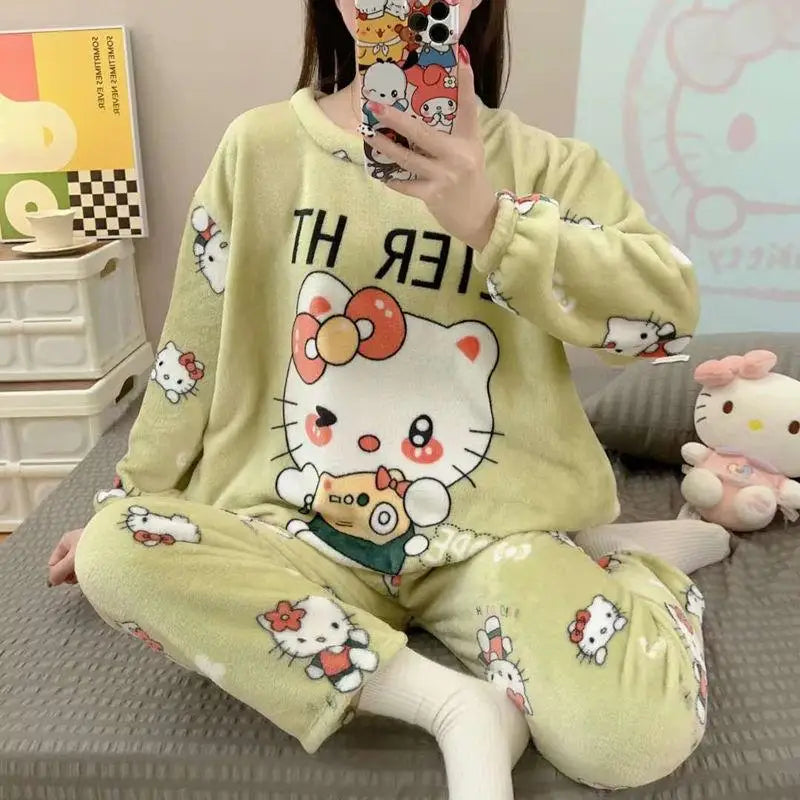 Hot Kawaii Hello Kitty Coral Velvet Pajamas Long-Sleeved Y2K Sanrio Tops Girls Pajama Pants Cute Cotton Jacket Casual Home Wear