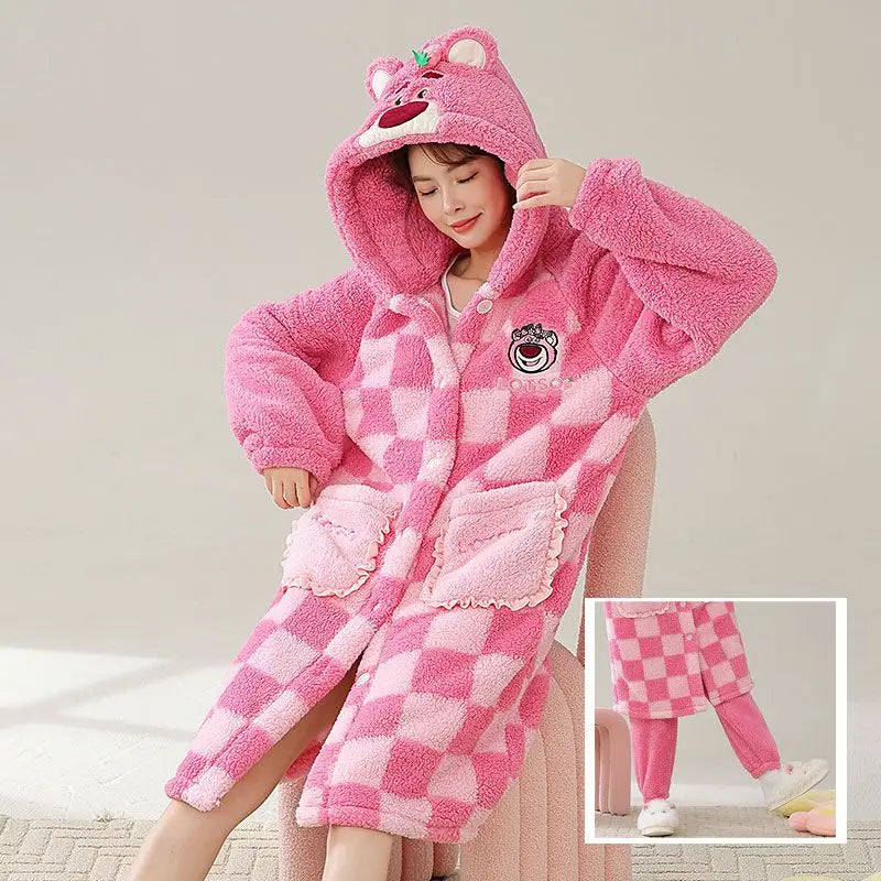 Kawaii Hello Kitty Hooded Pajamas Pajamas Girls Autumn Winter Long-Sleeved Tops Sanrio Thickened Bathrobe Casual Home Wear Set