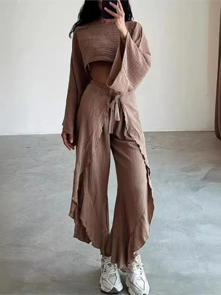 Spring Summer New Pants Sets Women Fashion Loose Cropped Top And Leace-up Slit Wide Leg Trousers Two Piece Set Trendy Streetwear