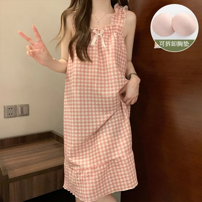 Plus Size Summer Suspender Nightdress with Chest Pad Korean Sleep Dress Loose Pajamas Outerwear Ruffle Thin Cartoon Loungewear