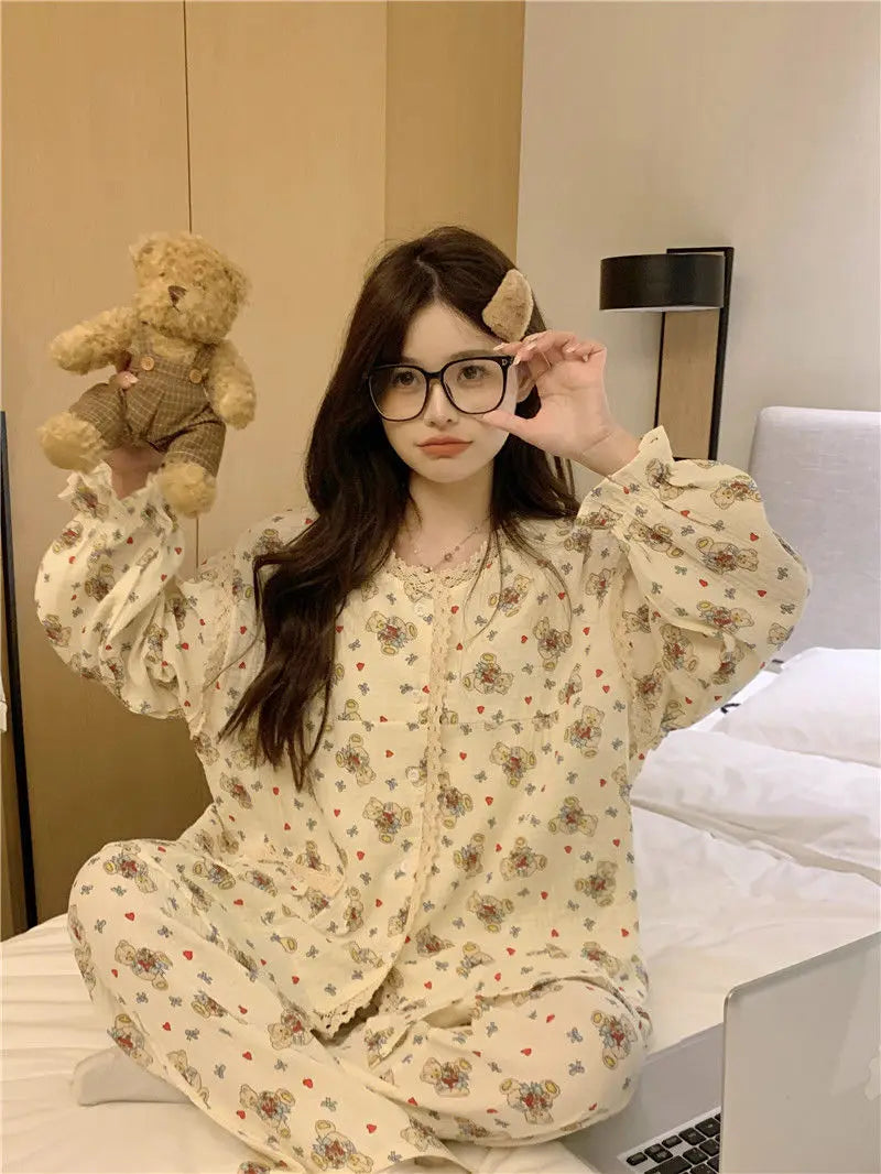 2024 New Sweet Spring Women Home Suits Female Lace Trim Cute Pajamas Sets Girls Cartoon Long Sleeves Trousers Simple Nightwear