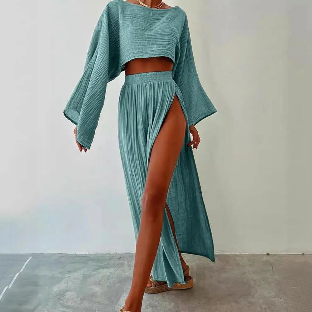 2 Pcs/Set Women Crop Top Skirt Set Long Sleeve Slant Neck Short Top High Waist Split Skirt Solid Color Club Party Top Skirts Set