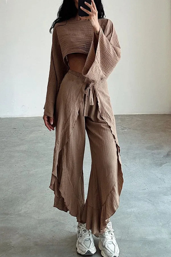 Spring Summer New Pants Sets Women Fashion Loose Cropped Top And Leace-up Slit Wide Leg Trousers Two Piece Set Trendy Streetwear